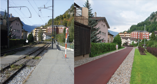 Vorher: Die Bahnlinie führt durch die Gemeinde; Nachher: ein roter Radweg führt durch die Gemeinde.
