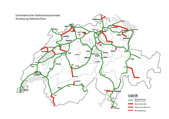 Schweizerisches Nationalstrassennetz: Anpassung Netzbeschluss. Grün: Nationalstrassen (SR 725.113.11) / Rot: Neue Abschnitte / Rote Punkte: Entlassener Abschnitt / Rote vertikale Striche: Netzergänzung.