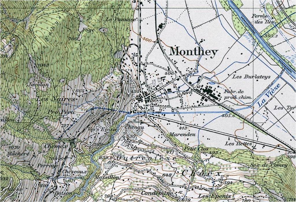 Karte Monthey (VS) um 1950, © swisstopo
