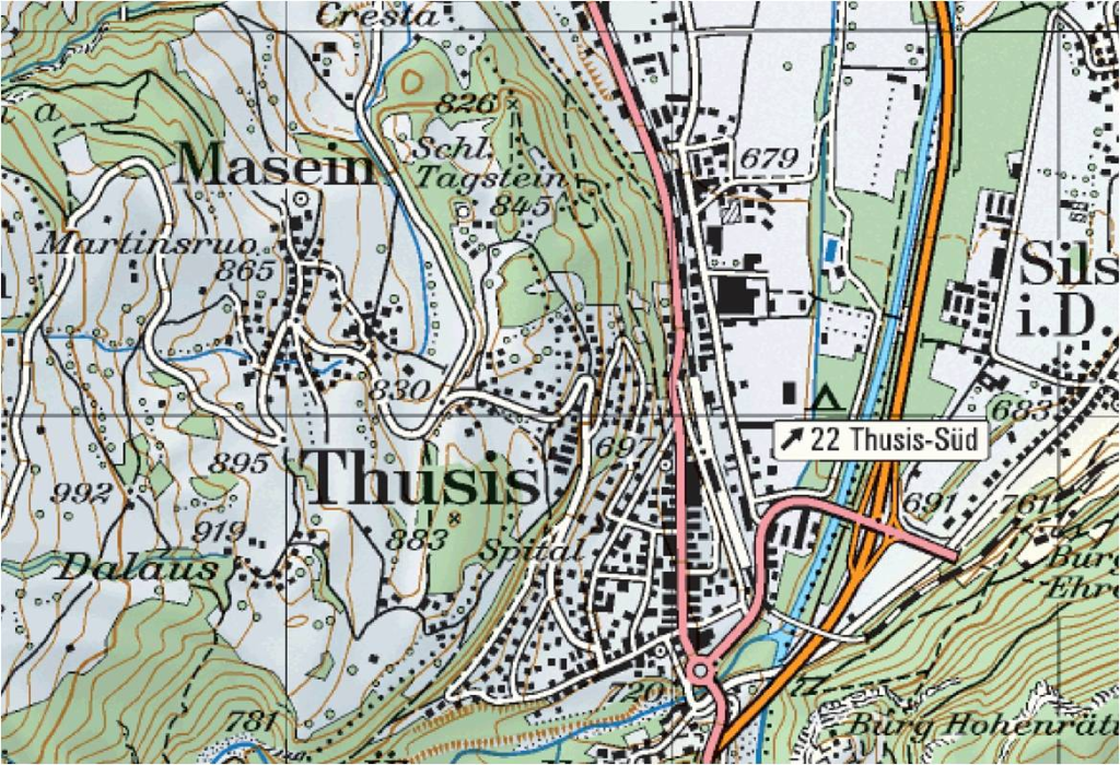 Karte Thusis (GR) heute, © swisstopo