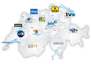 Schweizer Karte mit Logos von lokalen Fernsehstationen und dem jeweiligen Gebührenanteil
