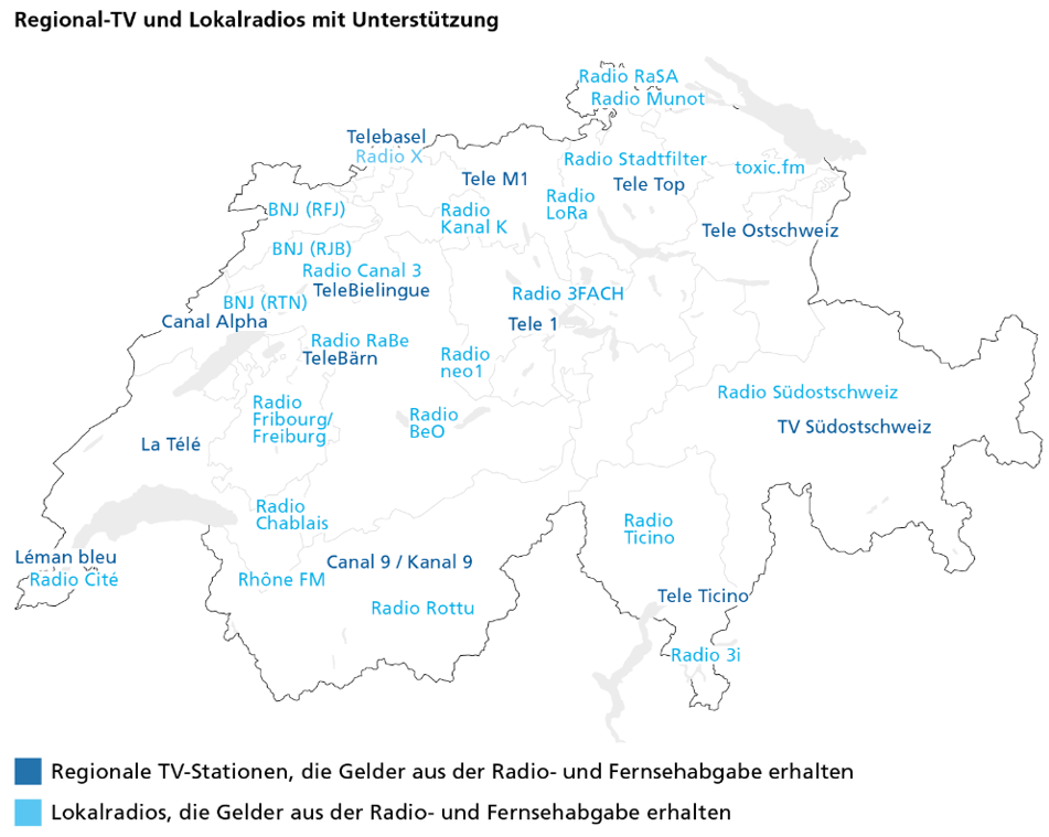 Karte, welche Lokalradios und Regionalfernsehen heute bereits unterstützt werden