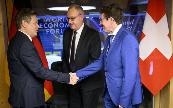 Robert Habeck, German Federal Minister for Economic Affairs and Climate Action, and Federal Councillors Guy Parmelin and Albert Rösti