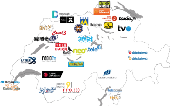 Carte de la Suisse avec les logos des différentes radios locales et télévisions régionales, indiquant la part de redevance qui leur revient