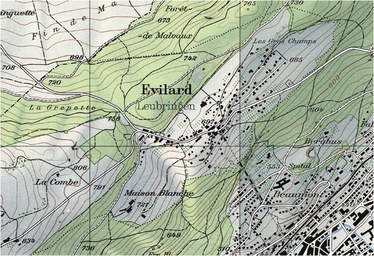 Carte d'Evilard (BE) en 1950