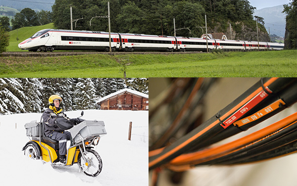 EIne Collage von 3 Bildern zeigen: SBB-Zug, Briefbote mit Elektro-Scooter in den Bergen, Kabel des Swisscom-Glasfasernetzes.