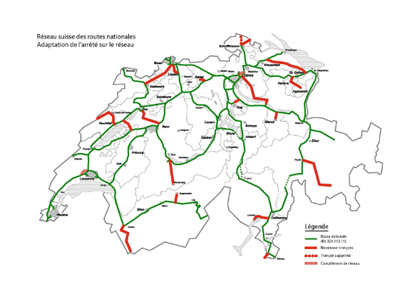Réseau suisse des routes nationales. Adaptation de l'arrêté sur le réseau. Vert: Routes nationales (SR 725.113.11) / Rouge: Nouveaux tronçons / Point rouges: Tronçon supprimé / Pointillé rouge: complément de réseau.