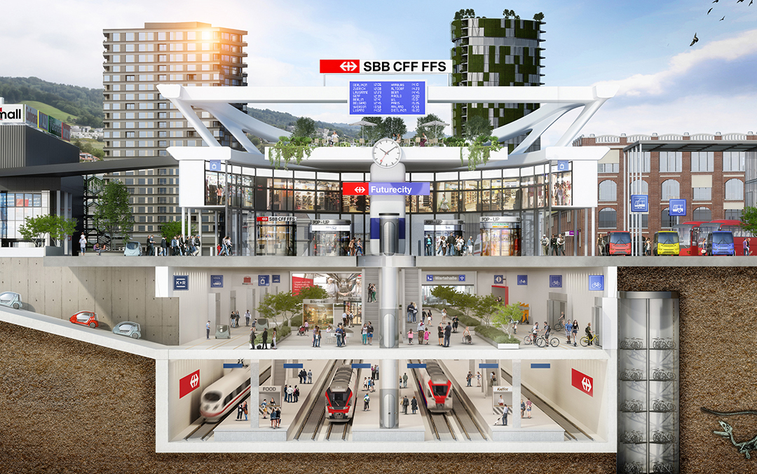 Visualizzazione di una piattaforma di trasporto come combinazione di offerta ferroviaria, forme di mobilità di collegamento alla stazione, sviluppo insediativo e servizi