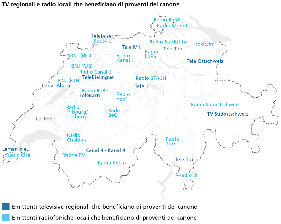 Cartina che mostra quali stazioni radio locali e televisione regionale che già oggi beneficiano di un sostegno