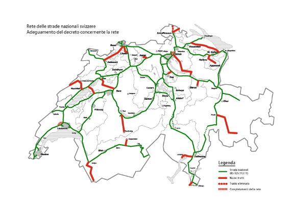 Rete delle strade nazionali svizzere. Adeguamento del decreto concernente la rete. Verde: Strade nazionali (SR 725.113.11) / Rosso: Nuovi tratti / Punti rossi: Tratto eliminate / Puntigliato rosso : complementi della rete.