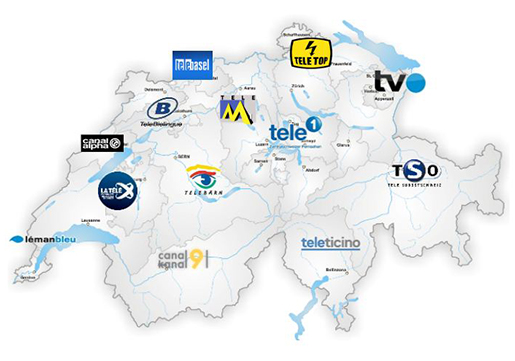 Cartina della Svizzera con logo delle emittenti televisive locali e le rispettive quote di partecipazione al canone